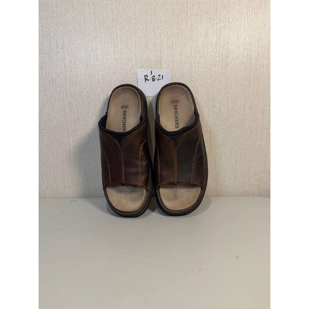 Skechers Mens Brown Leather Slide Sandals Open Toe Slip On SN 4272 Size 10